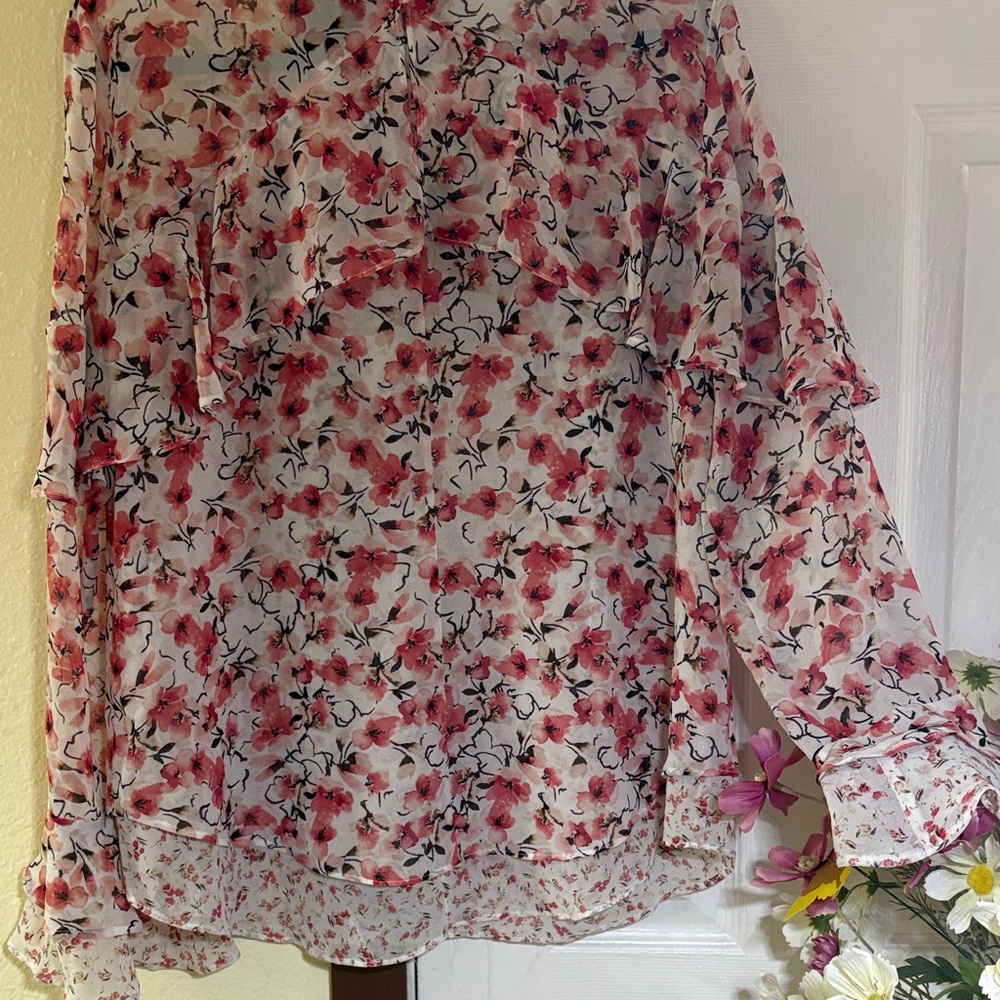 White House Black Market Pink Floral Sheer Ruffle Blouse - Picture 8 of 12